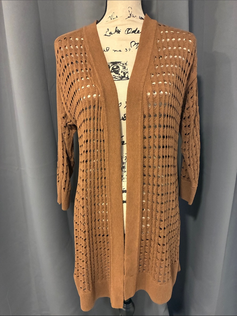 Kasper Open-Front Crochet Cardigan in Camel Brown